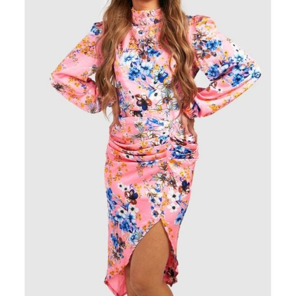 Boohoo Floral Print High Neck Ruched Midi Dress Blush Pink Satin size 10 - Picture 1 of 16